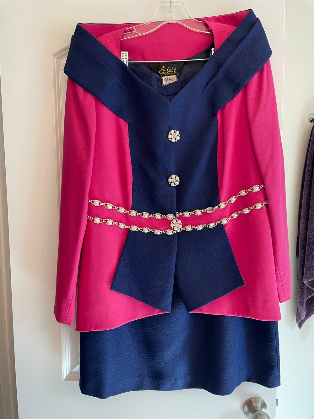 Two-Tone Fuchsia and Navy Skirt Set with Jewel Accents Brocade Ladies SZ 16